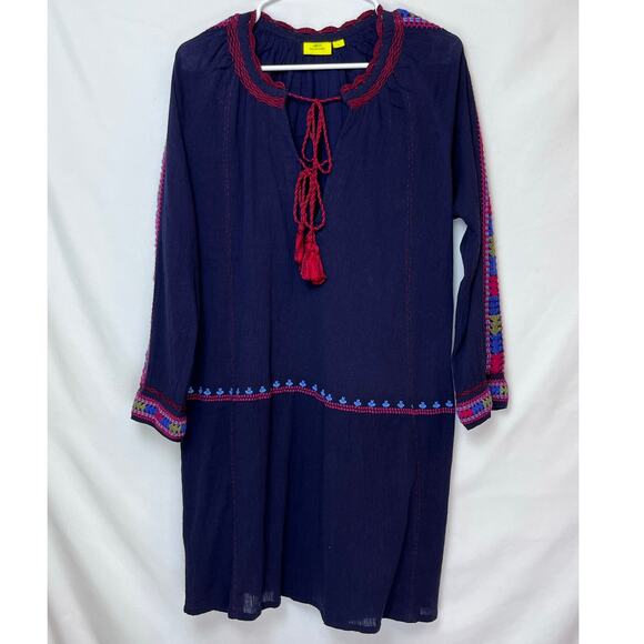 Roller Rabbit Women's Blue Embroidered Long Sleeve Boho Hippie Chic Dress - L - Picture 1 of 8